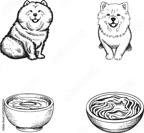 Two happy chow dogs sit beside bowls of food.