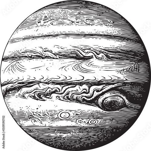 detailed black and white of a planet with swirling cloud .