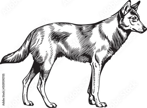 lone wolf stands attentively in a shaded area.