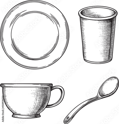 Black and white sketch of tableware items.