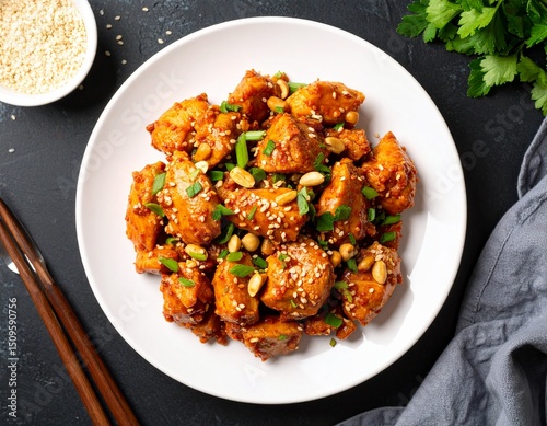 Custom AI Model  흰 접시에 담겨있는 땅콩 토핑이 되어있는 매콤한 닭강정 Spicy chicken gangjeong with peanut topping served on a white plate
 photo