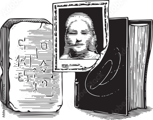 framed portrait of a woman rests on a weathered stone slab beside open books.