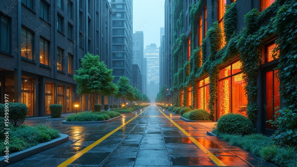 Obraz premium Green building streets on rainy nights