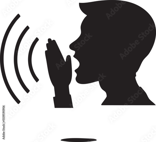 silhouetted person prays with hands raised towards a glowing screen.