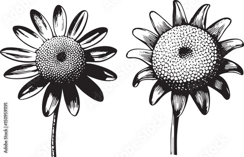 Two stylized sunflowers stand upright against a white background.