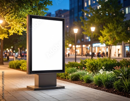 Illuminated blank billboard stands on a city sidewalk at dusk ready for advertising (1)