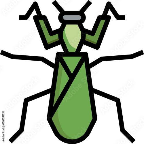Green praying mantis stands alertly with raised forelegs, ready to strike in a stylized, simplified form, conveying a sense of nature and preparedness.