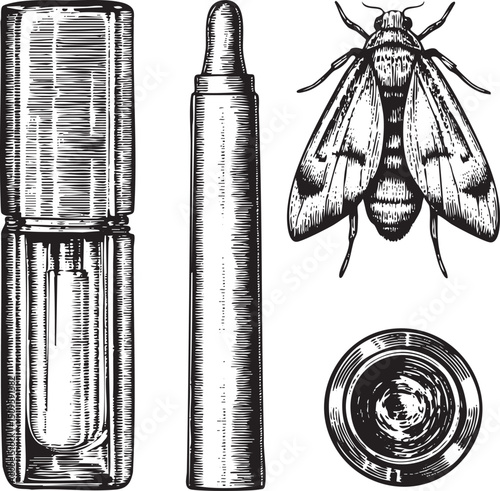vintage inkwell and pen rest alongside a detailed moth .