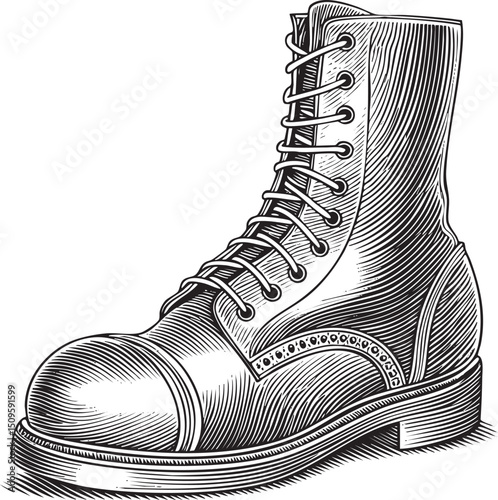 detailed black and white of a sturdy work boot.