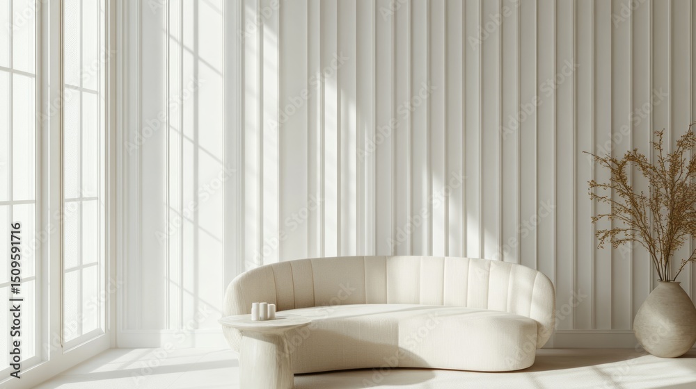 Fototapeta premium Pristine, sun-drenched room with a modern couch.