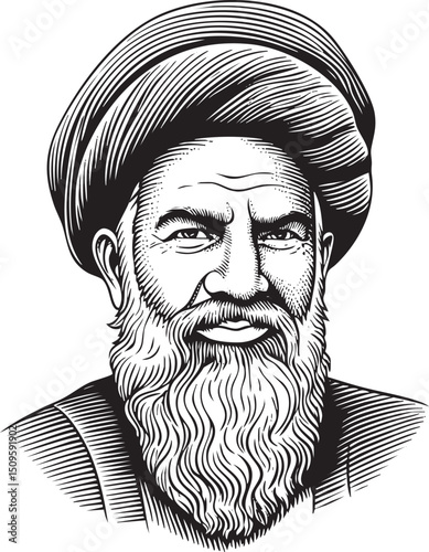 distinguished man with a long white beard gazes intently.