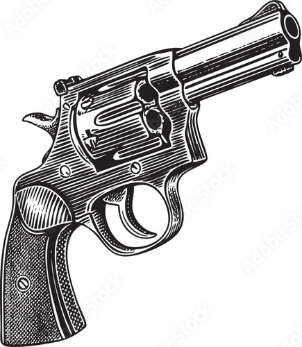 vintage revolver rests on a dark surface.