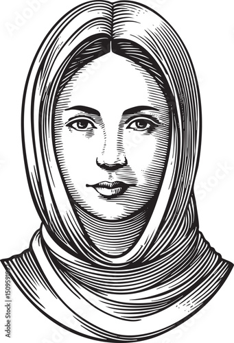 serene woman wears a flowing headscarf gazing intently.