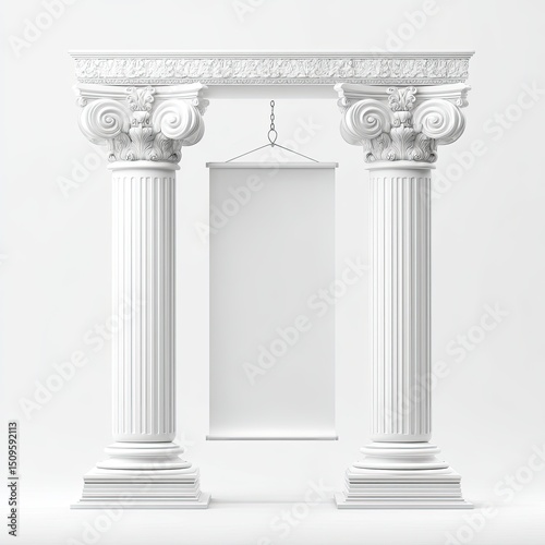 Two classical white columns flanking a blank vertical banner, against a white background