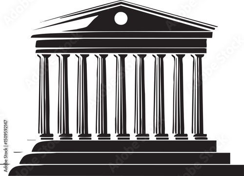 stylized black and white of a classical temple facade.
