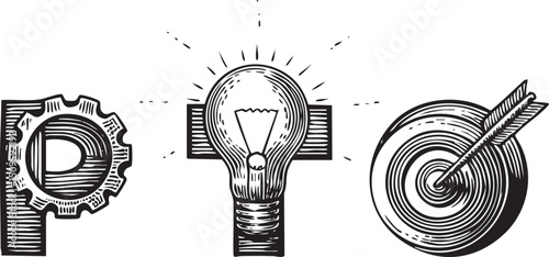 black and white depicts a gear a lightbulb and a target with an arrow.