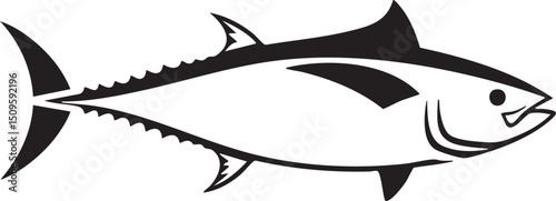 stylized black and white of a tuna swimming.