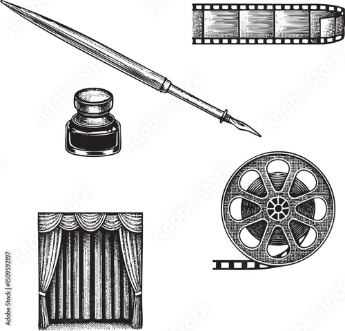 vintage pen inkwell film reel and movie projector wheel .