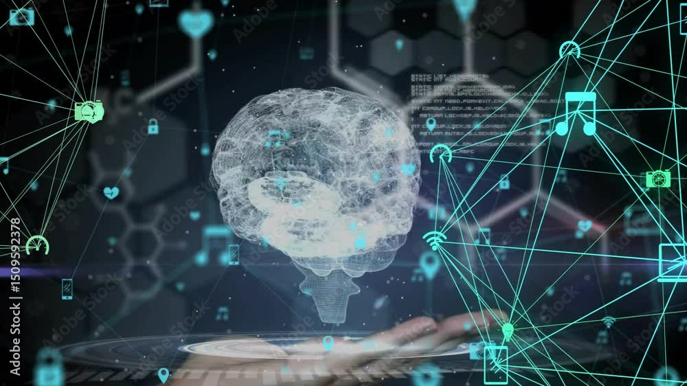 Hand entering, materializing and rotating 3D brain projection forming network map visualizing data
