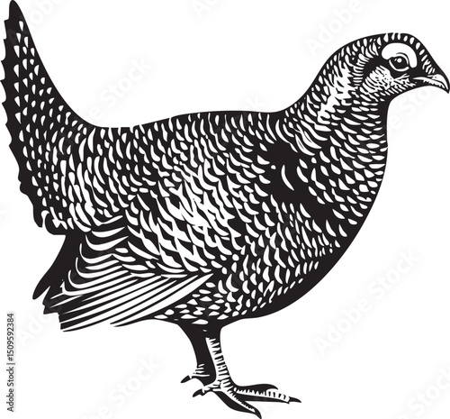 speckled bird stands alert in a side profile.