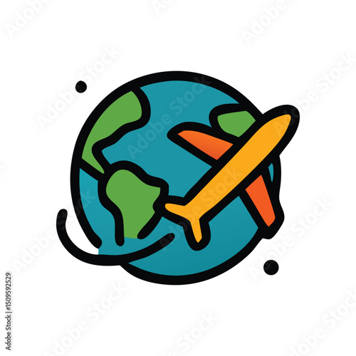 World icon tourism airplane above earth, representing global travel. Ideal for travel agencies, airlines, websites, and tourism blogs marketing materials.