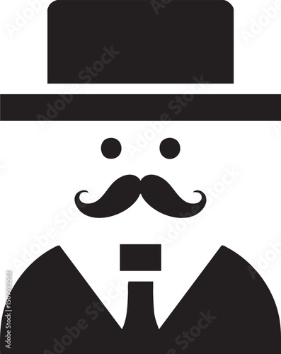 stylized black and white depicts a gentleman wearing a top hat and suit.