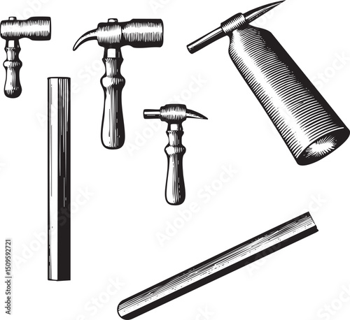 collection of vintage tools rests on a white surface.