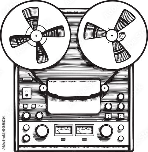 vintage reel-to-reel tape recorder stands prominently on a dark surface.