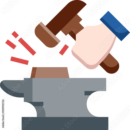 Hand strikes metal on anvil with hammer in blacksmith shop, creating sparks and showcasing the craft of metalworking, highlighting the traditional skill.