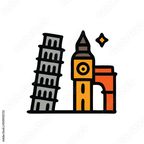 Iconic landmarks featuring a clock tower and a star, perfect for travel and tourism concepts or graphic designs. Ideal for global themes.