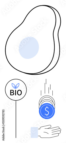 Large avocado outline, bio certification label, blue coins dropping into an outstretched hand. Ideal for sustainability, organic farming, eco economy, green business, renewable resources