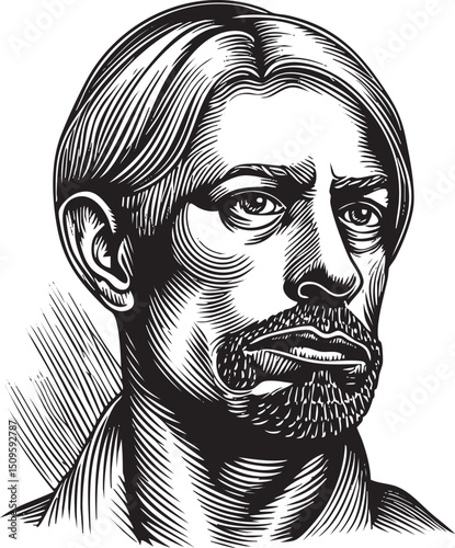 detailed black and white portrait of a mature man with long hair and a beard.