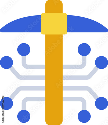 Pickaxe mines digital currency with circuit connections representing blockchain technology in a clean and minimalist style, symbolizing modern finance and innovation.
