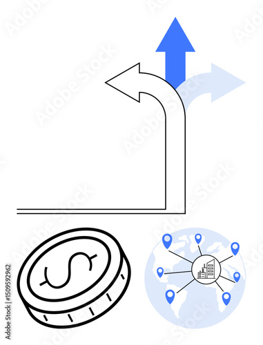 Upward arrows for progress, coin for finance, and global map connecting cities. Ideal for growth, finance, decision-making, globalization, development, success simple landing page