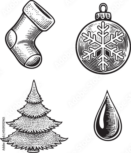 detailed black and white showcases a stocking a snowflake ornament a Christmas tree silhouette and a water droplet.