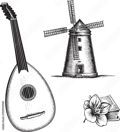 lute a stringed instrument sits beside a weathered windmill and an open book.