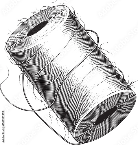 cylindrical spool of thread rests on a white surface.