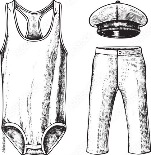 stylized of a sailor’s uniform consisting of a tank top and trousers with a cap.