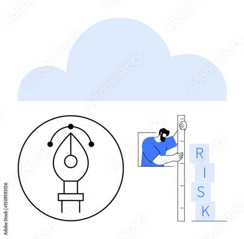 Pen tool icon, abstract cloud, person assessing risk via block stacking. Ideal for creativity, strategy, innovation, problem-solving, measurement, risk management simple landing page