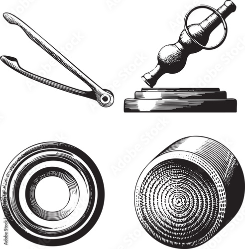 Black and white of a gavel resting on a circular pedestal.
