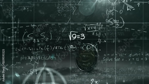 Coin entering frame and spinning on tabletop while grid and math formulas emerging showing science