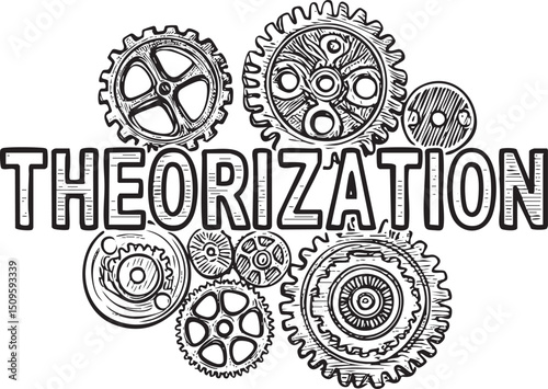 Multiple gears rotate and interlock forming the word 'Theorization'.