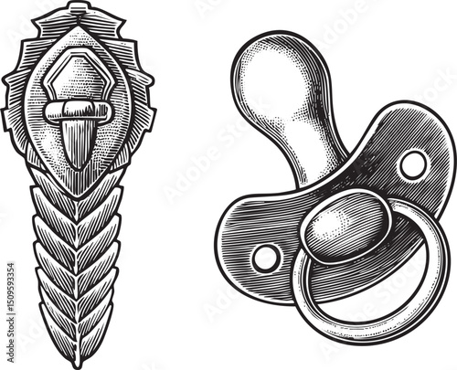 Detailed black and white of a rattlesnake and a pacifier.
