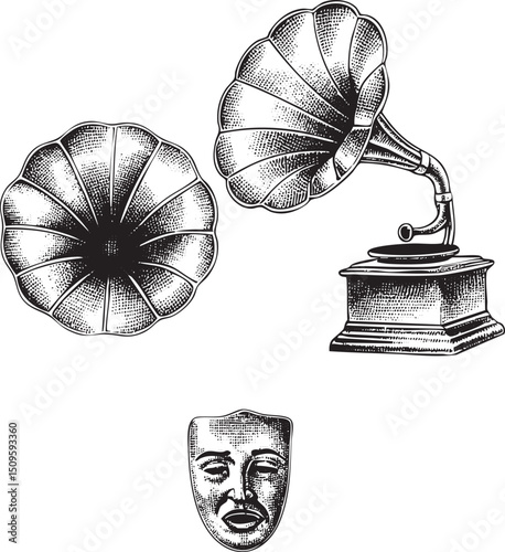 vintage gramophone and a stylized record player horn are depicted alongside a theatrical mask.