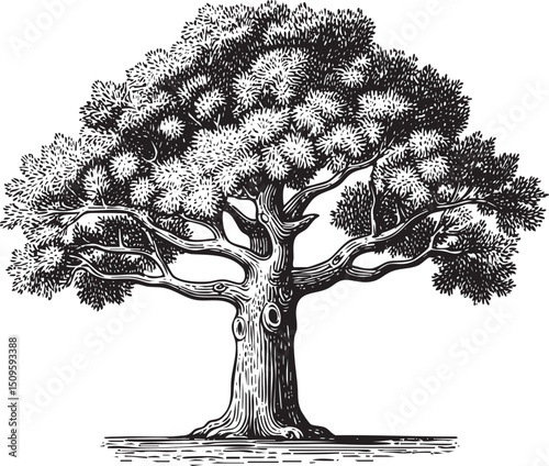 large mature tree stands tall with a broad canopy.