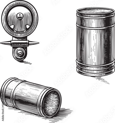 detailed black and white showcases a steering wheel a barrel and a camera lens.