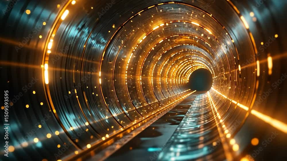 Futuristic tunnel with glowing rings, leading to dark, interior space