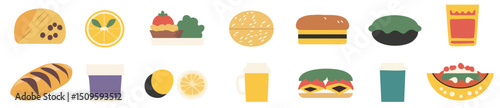 Large Set of Colorful Food Icons – Flat Vector Symbols Featuring Diverse Meals, Snacks, and Beverages