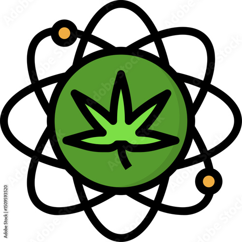 Cannabis leaf surrounded by atomic structure represents scientific research and potential medicinal benefits in a modern, minimalist style.