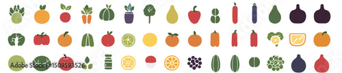 Flat Icon Set of Food, Fruits, and Vegetables – Colorful Vector Symbols for Healthy Eating and Cooking